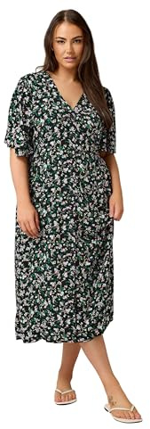 EVANS Curve Black & Pink Floral Print Midi Dress - Women's - Plus Size Curve