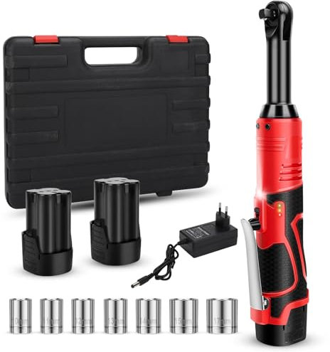Kistrba Clé à cliquet sans fil 45 Nm 18 V, rallonge de 10 cm, clé à cliquet sans fil 3/8 avec 2 batteries de 1500 mAh, 0-450 tr/min, avec 7 douilles et charge rapide