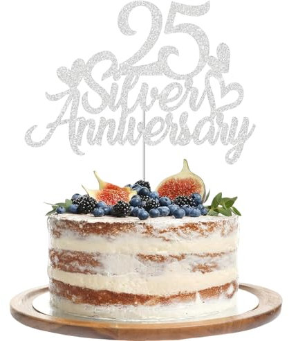 Gidobo 25th Silver Anniversary Cake Toppers, Glittery Cake Decorations with Love Heart Pick for 25th Wedding Anniversary Party Supplies
