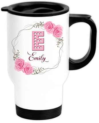 EnvyFone Personalised Travel Mug - Ladies Pink Floral Rose Wreath - Add Name and Initial - Stainless Steel 14oz - White - Tea Coffee Cup - Thermal-Lined - Home Office Work Gift Present