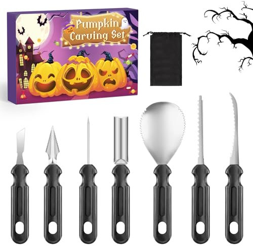 YAVOCOS Halloween Kürbis Schnitzset - 7 Stück Kürbis Schnitzmesser Set Professionelle Schnitzwerkzeug Kürbis mit Aufbewahrungstasche Edelstahl Kürbisschnitzwerkzeuge für Halloween Dekoration DIY