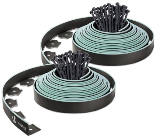 VOUNOT® Bordure de Jardin en Plastique 20 mètres avec 60 Piquets d'ancrage Bordurette de Pelouse Bordure de Gazon Flexible Idée de Jardin Hauteur 50mm Epaisseur 4mm Noir Bordé de Vert Clair