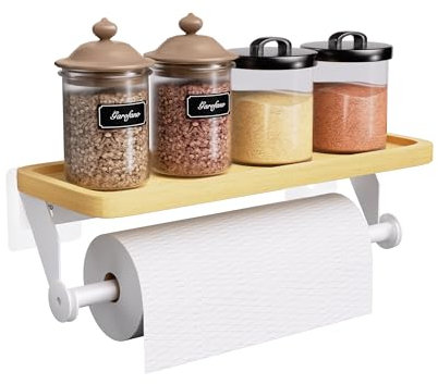 SWTYMIKI Küchenrollenhalter Ohne Bohren - Papierrollenhalter mit Holz Gewürzregal, Küchenregal Wand, Halter Küchenrolle für Badzimmer und Küche Aufbewahrung & Organisation, Edelstahl, Weiß