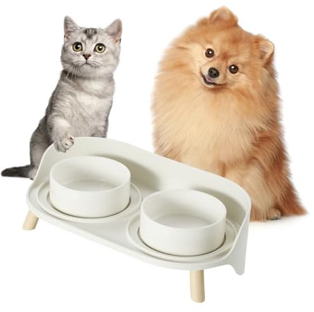 Elevated Ceramic Dog Bowl Set - Double Dog Bowls with Splash Proof Stand - Dog Food and Water Bowl Set - Candy Colored Dog Feeding Bowls - Pet Dishes for Cats and Puppies - 1 Cup (10 fl oz) - White