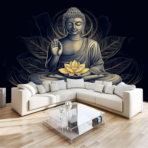 Fototapete Buddha-Statue Lotus 3D Effekt Vlies Tapeten Wandgemälde 200 x 140 cm Moderne Wanddeko Design Wandtapete Dunkel Wohnzimmer Schlafzimmer Büro Flur Wandgemälde