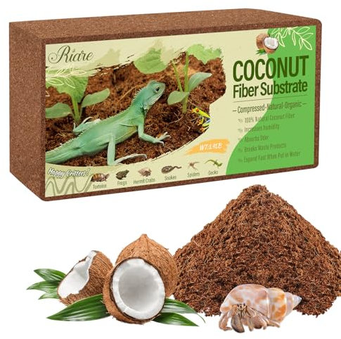 Riare 1 Pack Natural Coconut Fiber Substrate for Reptile Coco Substrate Premium Compressed Coconut Husk Terrarium Bedding for Reptile, Tortoise, Frogs, Snakes Hermit Crabs, Burrowing Animals