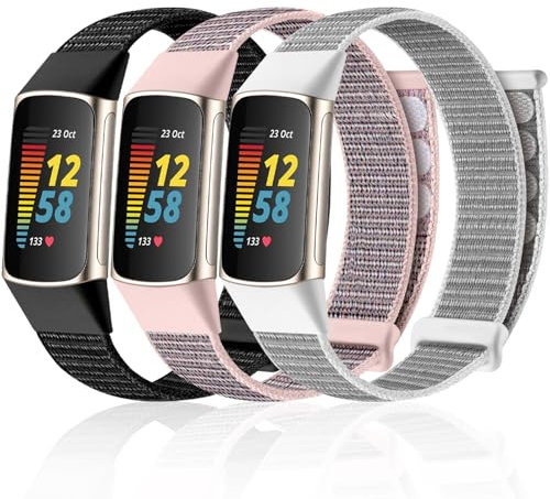 Maledan 3 Stück Nylon Armband Kompatibel mit Fitbit Charge 6 Armband/Fitbit Charge 5 Armband Damen Herren, Verbessertes Einstellbares Weiches Nylon-Sportarmband für Fitbit Charge 6/Fitbit Charge 5