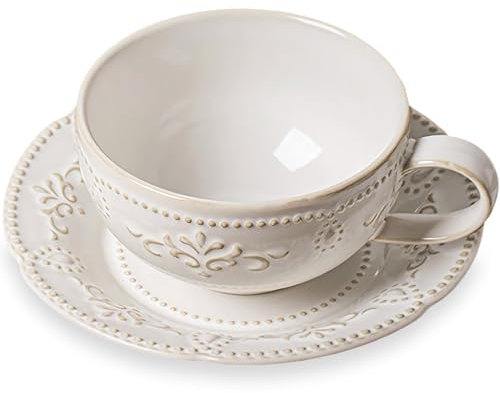 AmiCera Tea Cup and Saucer Set, Tea & Coffee Cups 250ml, Elegant Coffee Cup Set White Porcelain Set & Coffee Cups, Latte Cups and Espresso Mug for Specia, Flower Pattern, Two Sets