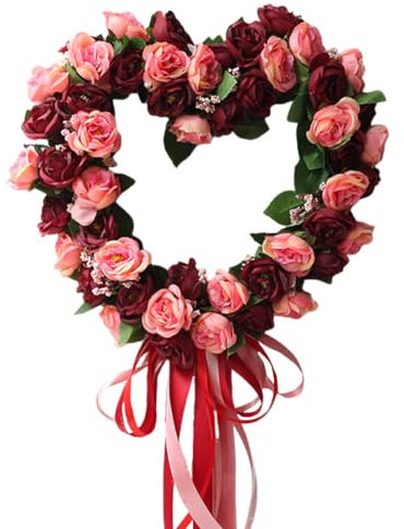 JOYWU Rosenkranz in Herzform, 35 cm, Valentinstag, Blumenkranz mit Bändern, künstlicher Rosenblumenkranz, herzförmiger Kranz für Haustür, Valentinstag, Hochzeitsdekoration (Rot 1)