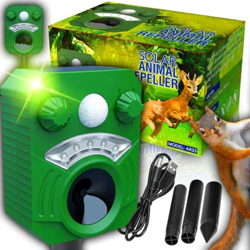 Retoo Ultraschall Abwehr mit Solarbetrieb und Blitz gegen Katzen, Marder, Hunde, Tierabwehr, Multifrequenz 16-60 kHz, Katzenschreck Hundeschreck Marderschreck, Ultraschall Abwehr