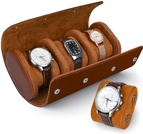 Eucomir Uhrenbox Herren, Uhrenbox 3 Uhren PU Watch Box Uhrenrolle Reisetasche Vintage Uhrenaufbewahrungsbox Uhr Aufbewahrung Uhrenbox mit Abnehmbarem Kissen, Kamel