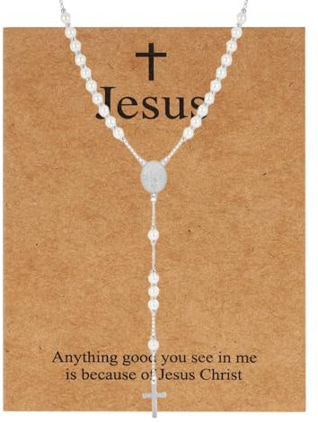 MILAKOO Rosenkranz Perlen Katholische Halskette für Frauen Männer 6mm Silber Perle Kreuz Y Anhänger Kette mit Edelstahl Kruzifix und Jesus Karte für Herren Damen