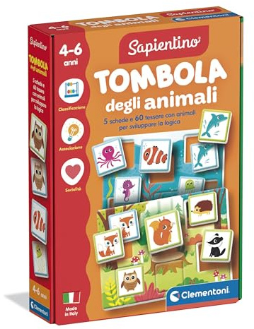 Clementoni Sapientino - Tombola degli Animali, Gioco Educativo 4-6 Anni con 60 Tessere Illustrate, Flashcards per Stimolare Osservazione e Memoria, Made in Italy, Lingua Italiana, 16842