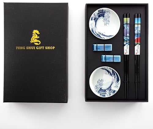 Premium Chopstick Set – 2 Ceramic Dishes, 2 Bamboo Chopsticks, 2 Ceramic Holders – Elegant Gift Box for Sushi, Ramen & Asian Cuisine (Ocean)