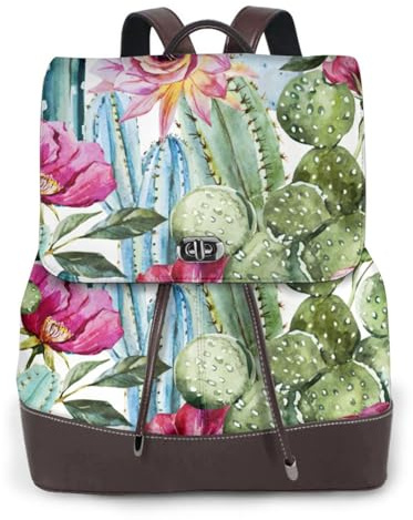 Edwal Rucksack aus Leder mit Kaktus-Sukkulenten-Rosen-Druck, Laptop-Tasche für Damen, modisch, Mehrzweck-Tagesrucksack für Uni, Arbeit, Reisen