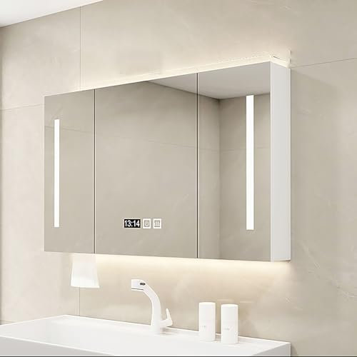 KAXLDHH Meuble Miroir Salle De Bain LED avec Antibuée, Armoire À Pharmacie Murale en Bois Massif avec Lumières, Armoire De Toilette Cadre en Aluminium pour Vanité, Ferme Moderne(Wit,120CM/47.2IN)