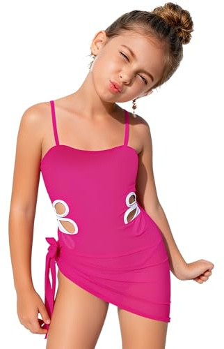 Okdance Maillot de bain une pièce pour filles avec jupe cache-maillot de bain de couleur unie à séchage rapide pour fille bretelles réglables