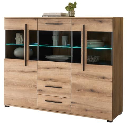 Highboard in Evoke Eiche Vitrine 160 x 126 cm, mit Soft-Close, Design-D