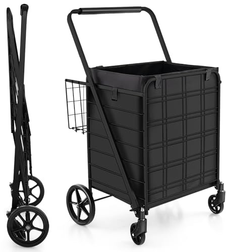 COSTWAY Carrello Portaspesa Pieghevole con Sacca, Carrello della Spesa Pieghevole con Ruote Girevoli a 360°, 2 Cesti, Capacità di Carico: 150 kg, 126 L, 66 x 64 x 103 cm (Nero)