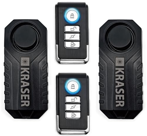 KRASER KR726P2 Lot de 2 Alarme Vélo Antivol, Télécommande, Détecteur Mouvement 7 Niveaux, 3 Tonalités, 113 DB, sans Fil, Étanche, Alarme Moto sans Installation, Anti-vol Vélo Scooter Électrique Porte