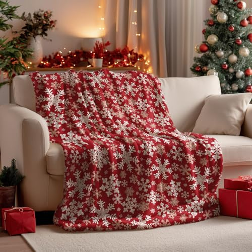 Horaldaily Weihnachten Flanell Decke werfen, Rot Schneeflocken weich Fuzzy Plüsch gemütliche Fleece-Decken für Bett Sofa Couch Reisen Camping, 60x80 Zoll
