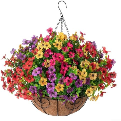Cesta Colgante de Flores violetas Artificiales, Maceta Redonda con violetas Artificiales para jardín y Patio (A)