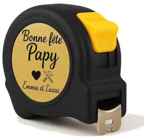 Mètre Ruban Personnalisable, Cadeau Fête des Grands Pères, Noir et Jaune, Acier Rétractable, 3 Mètres, Accessoire Homme