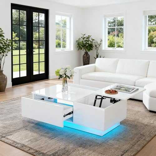 JaHECOME White High Gloss LED Coffee Table with Storage Drawers & Lift Top, Remote Control RGB Lighting for Living Room