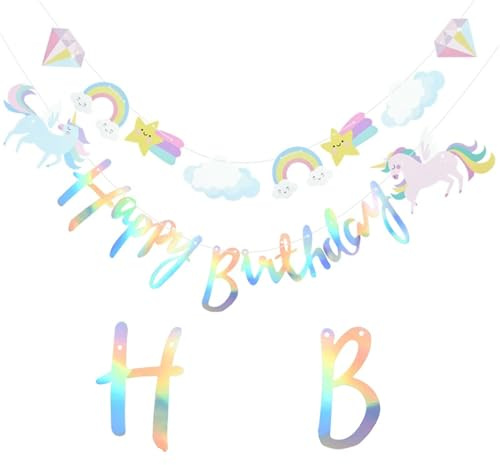 Wimpelkette 3,0 m Lange Einhorn-Geburtstagsgirlande for Mädchen, niedliche Wolken und Sterne, fröhliche Papiergirlande for Babypartys, Hängedekoration
