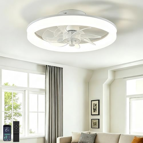 LEONTYNE Smart Ceiling Fans with Lights,6 Speeds Quiet & Reversible,App & Remote Control,3000K-6000K Dimmable LED,Low Profile Ceiling Fan Light for Bedroom Living Room Kitchen,White,45cm