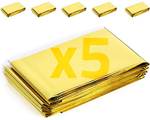 Rettungsdecke x5 - Extra Groß - 210x160 cm - Wasserfest - Mylar Überleben Folie Decke Erwärmung Für Camping, Wandern, Erste Hilfe - Gold & Grau