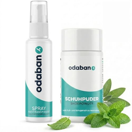odaban® Set med parfymfri antiperspirantspray 30 ml och skopuder 50 g | Spray utan drivgas för lokal användning på torr hud, puder för att motverka lukt och fukt i skorna, två separata produkter