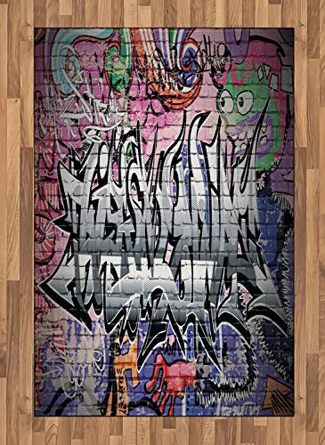 ABAKUHAUS Städtisch Teppich, Graffiti Grunge Wall Art, Flachgewebe Deko-Teppiche für das Wohn-,Schlaf-, und Essenszimmer, 120 x 180 cm, Grau Lila