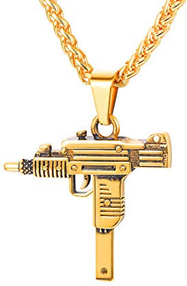 U7 Herren Halskette 18k vergoldet Sturmgewehr Mini Uzi Form Anhänger mit 50+5cm Weizenkette Coole Armee Gewehr Waffe Hip Hop Modeschmuck Geschenk für Männer Jungen