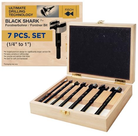 Fisch Black Shark Forstner Drill Bit, Premium Forged Steel Bit for Woodworking, Precision Wave Design, No-Slip Shank, Made in Austria (7 Pcs. Set Inc.(1/4 to 1) in Box)