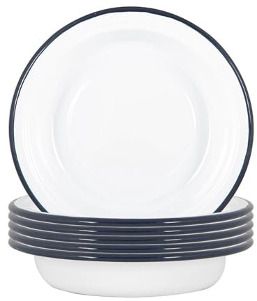 Argon Tableware White Deep Bowls - 19cm - Pack of 6 - Blue Metal Enamel Cereal Lightweight Camping Serving Bowls for Snacks, Pasta, Cereal, Salad