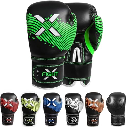 FightX Kids Boxing Gloves for 3-8 Years 4 6 Oz Training MMA Boys Girls Kickboxing Punching Gloves for Training, Punching Bag, Muay Thai, MMA (Black/Green, 4oz)