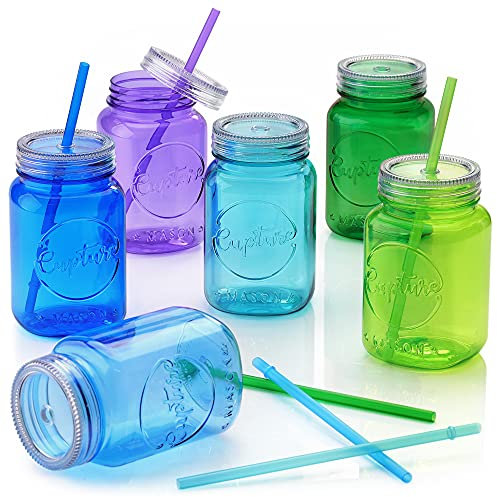 Cupture Acrylic Mason Jar Tumbler Mugs with Lids & Straws - 20 oz, 6 Pack (Cool Lagoon)