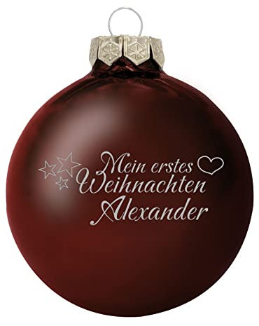 Deitert Weihnachtskugel mit Wunschtext Gravur, Ø 8cm, personalisierte Christbaumkugel aus Glas (glänzend), Individueller Weihnachtsbaumschmuck Namen oder Spruch, Mein erstes Weihnachten, Schoko