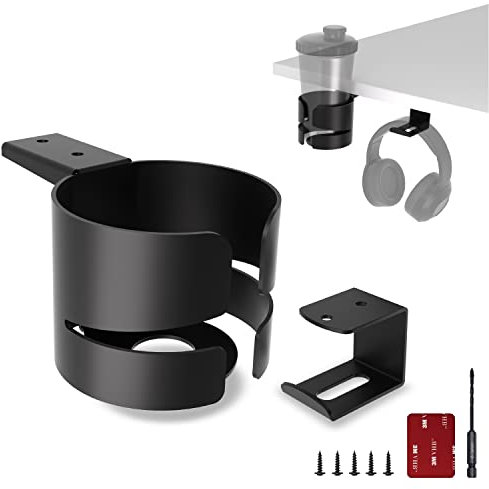 Ultimate Setup Getränkehalter Schreibtisch, Becherhalter Schreibtisch, Flaschenhalter Tisch, Getränkehalter Tisch, Gaming Getränkehalter (Design: O-C inkl. Headsethalter, Schwarz)
