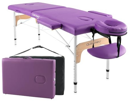 QUIRUMED Table de Massage Pliable en Aluminium Easy, Violet 180 x 60 cm, Similicuir Portable, légère tête Amovible, Trou du Visage, Hauteur réglable jusqu'à 120 kg