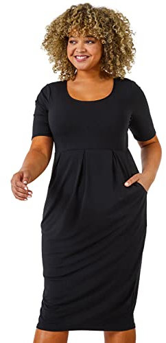 Roman Curve Abstract Print Stretch Dress for Women UK - Ladies Autumn Everyday Winter Holiday Round Neckline Comfy Short Sleeve Soft Midi Length Frock Desk To Dinner Gowns - Plain Black Plus - Size 20