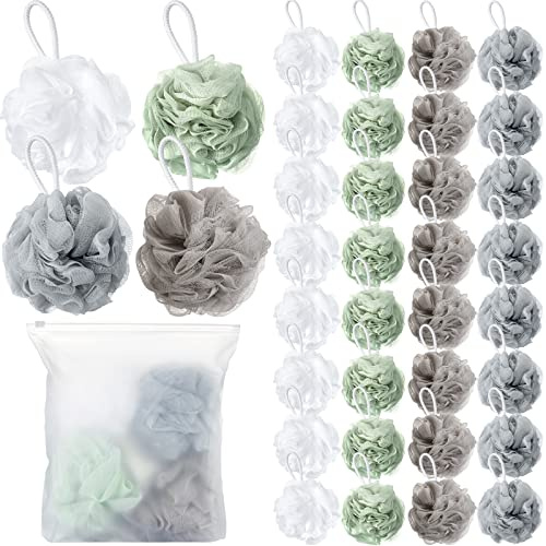 Lot de 32 éponges de bain en vrac - 60 g - Éponge de douche en charbon de bambou - Grande éponge en maille douce pour homme et femme - Boules exfoliantes avec accessoires de bain (brillant)