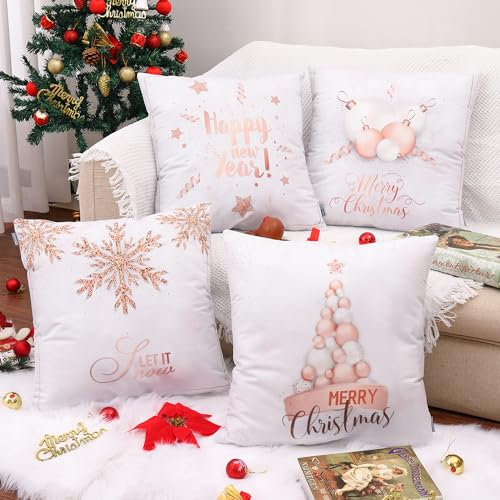ORANIFUL Fodere Cuscini Natalizie 50x50 Set da 4 Rosa Copricuscini Divano Velluto Quadrati Decorativi in Lino per Letto Décor Casa Auto (Natale 10, 4 Pezzi)