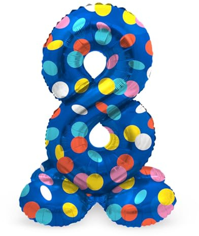 Folat 63978 Luftballon Geburtstag Stehender Ziffer Zahl 8 Colorful Dots Blau mit farbigen Punkten 72 cm - Decoration Geburtstagdeko, Ballon Zahl, Kein Helium erforderlich