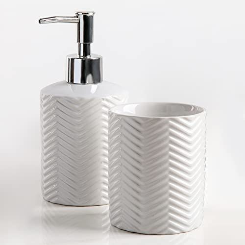 Bad-Accessoires-Set aus Keramik 2-teilig Seifenspender 350 ml, Becher 350 ml, weiß für Badezimmer modern und schick