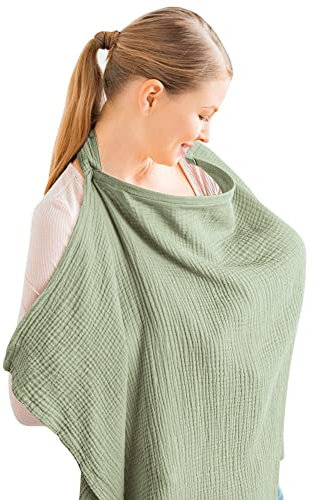 Konssy Musselin-Abdeckung zum Stillen von Babys, atmungsaktiv, 100% Baumwolle, Stillbezug mit starrem Reifen für Mutter, Stillschürze, Mehrzweck-Autositz-Baldachin (Green (sage))