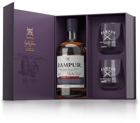 Rampur Asava Indian Single Malt Whisky| 1 x 700 ml - Geschenkbox | Mit zwei gebrandeten Gläsern in der Box enthalten