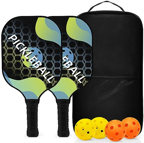 Topfinder Palas de Pickleball, Set de 2 Raquetas Pickleball de Fibra de Vidrio con 4 Bolas para Jugar al Exterior y Interior, 1 Bolsa