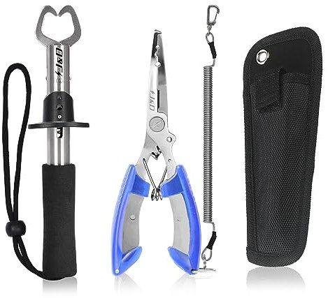 J&D Fishing Pliers and Fish Lip Gripper Set, Multi-Functional Stainless Steel Fishing Plier Gear Hook Remover Tool with Safety Coiled with Sheath and Lanyard for Freshwater Saltwater Fishing, Blue